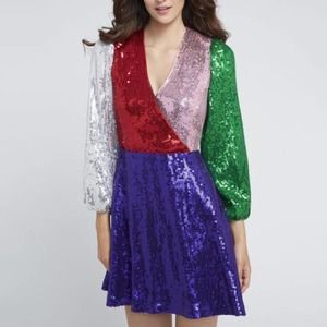 Alice + Olivia Blaze Sequin Color Block Long Sleeve Cocktail Dress New Size 6